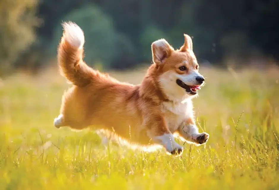 happy corgi jumping in field
